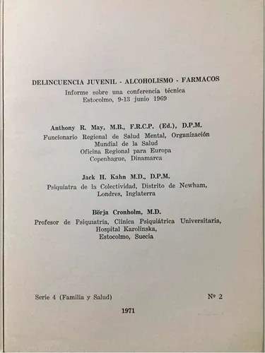 Delincuencia Juvenil Alcoholismo Fármacos Estocolmo 1969 (Usado)