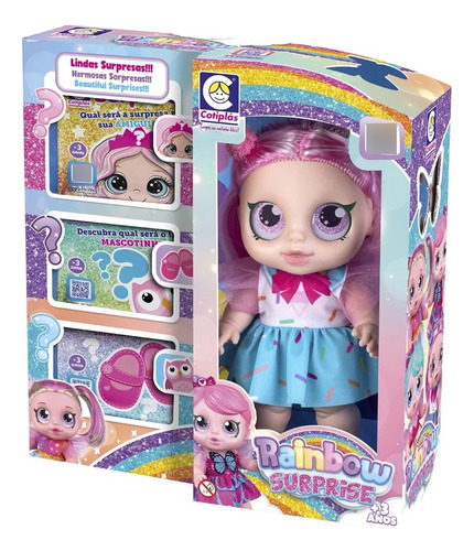 Boneca Rainbow Surprise Cabelo Rosa 2707 Cotiplás