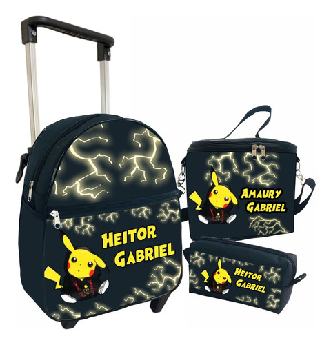 Kit Mochila Pikachu 3 Pçs De Rodinhas Com Nome