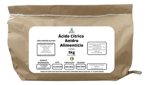 Ácido Cítrico Anidro 5kg 100% -  Puro Alimentício