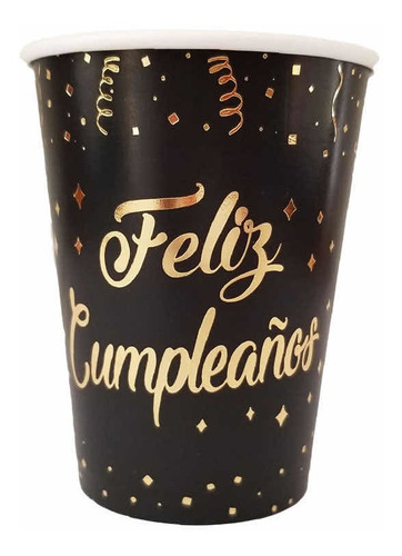 Vasos De Polipapel - Negro Y Dorado - Feliz Cumple Pack X 24