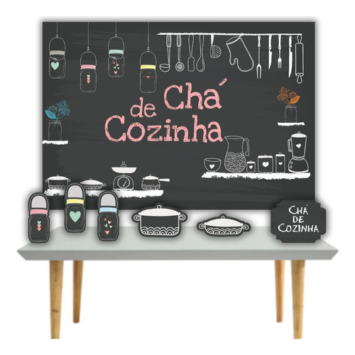 Kit 1 Painel Banner + 6 Displays Chá De Cozinha Chalkboard