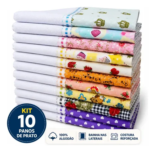 Pano De Prato Barrado Atacado Premium Kit Com 10 Peças