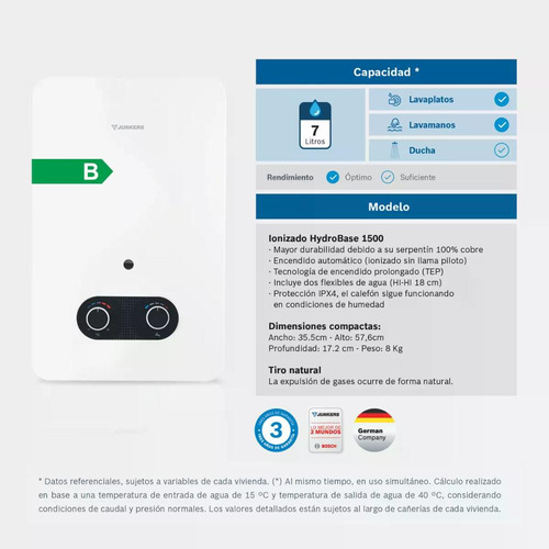 Calefon Junkers Gas Licuado 7 L. Ionizado Hydrobase 1500