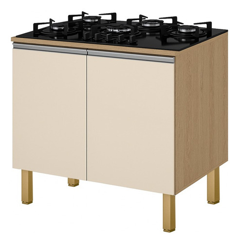 Balcão Para Cook Top 4 5 Bocas Compacto Multiuso Amendoa Off 2 portas puxador aluminio Cozinha Compacta