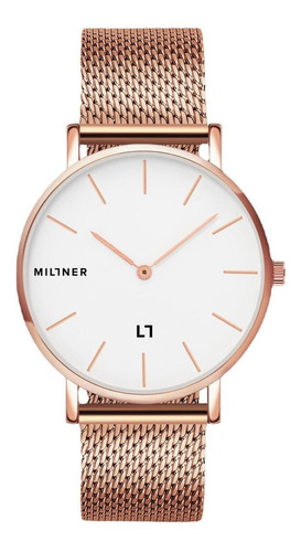 Reloj de pulsera Millner Mayfair de cuerpo color oro rosa, analógico, para mujer, fondo blanco, con correa de acero inoxidable color oro rosa, agujas color oro rosa, dial oro rosa y hebilla de gancho