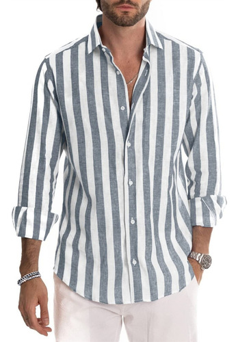 Camisa Para Hombre Nuevo Estampado De Rayas De Color Liso De