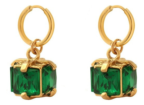 Aros Baño Oro 18k Argolla Cubo Esmeralda