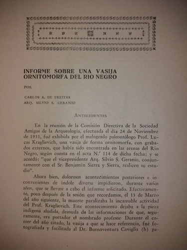 Informe Sobre Vasija Cerámica Ornitomorfa Río Negro 1940 