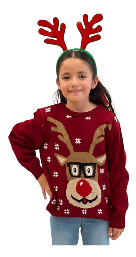 Imagen 2 de 5 de Sueter Navideño / Ugly Sweater Niños Con Reno Con Lentes