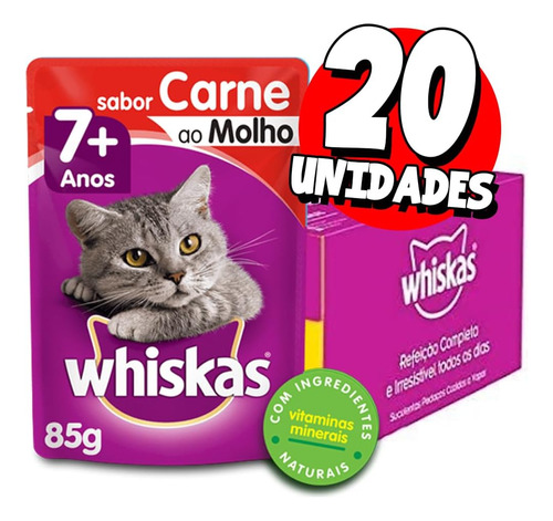 Pack Ração Úmida Whiskas para Gatos Adultos Sênior 7+ Anos Sachês Carne ao Molho 85g - 20 unidades