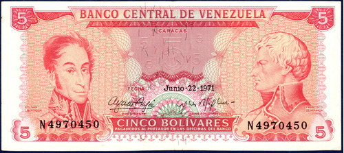 Billete 5 Bolívares N7 Junio 22 1971 S. Bolívar Y F. Miranda