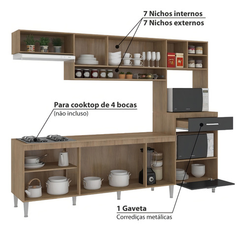 Cozinha Compacta Inova Iii Com 8 Portas E Tampo - Carvalho/g Cor Marrom
