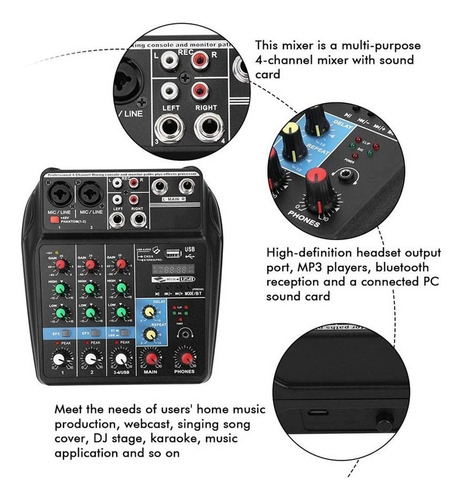 Para . Mixer De Áudio De 4 Canais, Console De Mixagem De