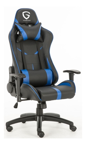 Silla de escritorio The Game House Nova D-328 gamer ergonómica negra y azul con tapizado de cuero sintético
