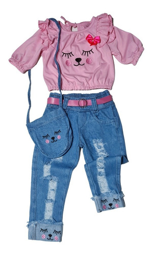 Conjunto Infantil Blogueirinha Menina Calça Jeans E Bolsinha