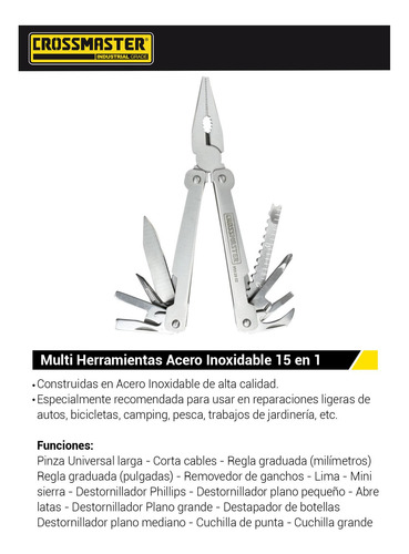 Imagen 2 de 4 de Pinza Multi Herramienta Acero Inoxidable 15en1 Crossmaster 9