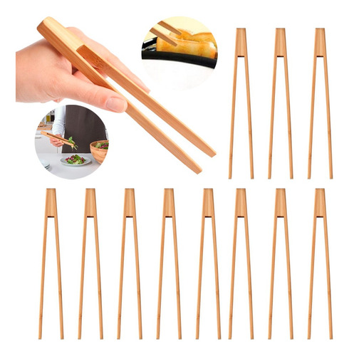 Pinzas De Cocina Bambu Utensilio Tenazas Alimentos 12 Piezas