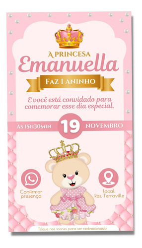 Convite Ursinha Rosa Realeza Digital Virtual Interativo E50