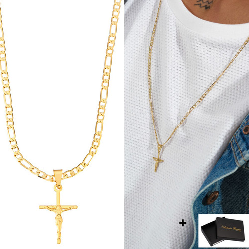 Cordão Corrente Masculina pingente de cruz Dourado Banhado a Ouro 18k e com banho antialérgico Andreia Branco Acessórios 70cm