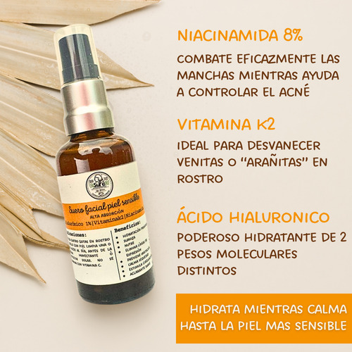 Suero Facial Niacinamina 8%, Ácido Hialuronico 1%, Vit. K2