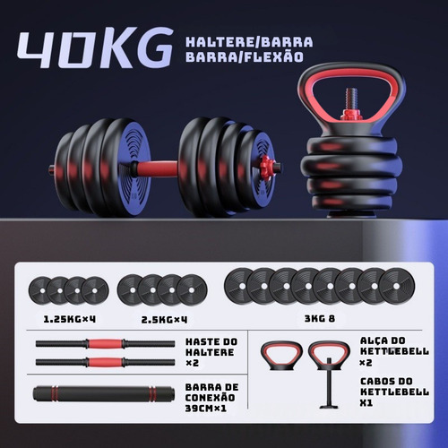Kit Halteres Ajustáveis 40kg Barra Kettlebell Base Flexões