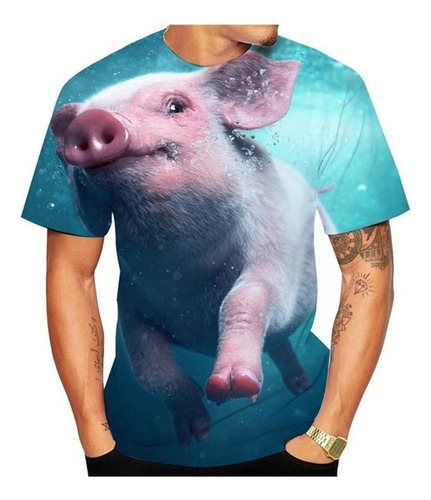 Novedad 3d Impresión Cuello Redondo Camiseta Cerdo Divertido