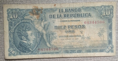 Billete De 10 Pesos Año 1961, Estado Bueno 6