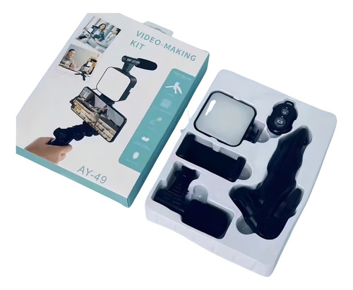 Kit Para Streaming Vlogs Tripode Luz Micrófon Palo Selfies Color Negro