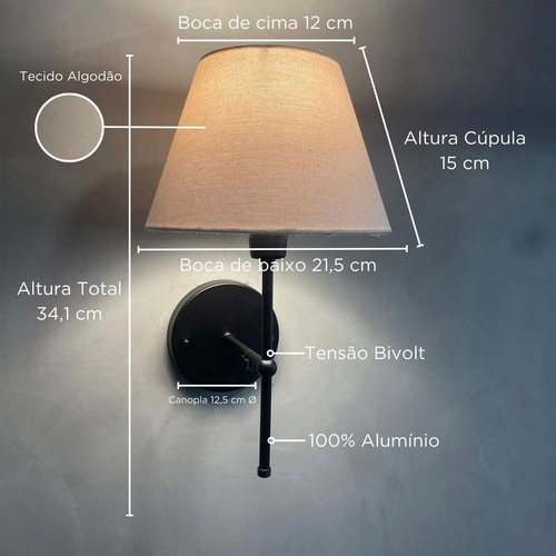 Arandela Kit Classica Interruptor Cupula Tecido Algodao Biv Estrutura Preto Com Cúpula Bege