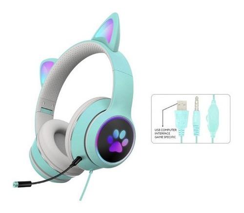 Audífonos Gamer De Diadema Estilo Orejas De Gato  Celeste