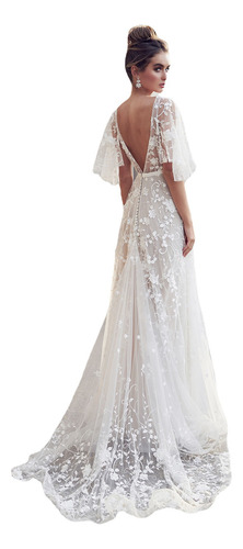 Vestido De Encaje Con Cuello En V, Estilo Floral Elegante