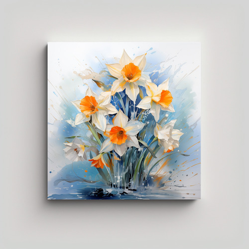 20x20cm Cuadro De Narcisos En Colores Naranja Y Azul Flores