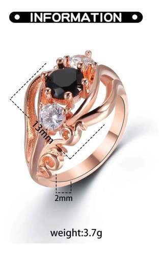 Anillo Rosa Gold Con Piedritas Negras Compromiso Num 8