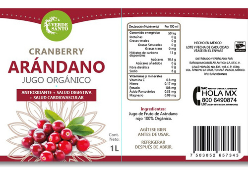 Jugo De Arándano Organico Verde Santo Cranberry Antioxida 1l