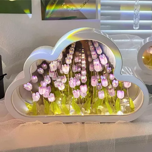 Luz Lámpara Noche Flor Tulipanes Nube Con Espejo Romántica