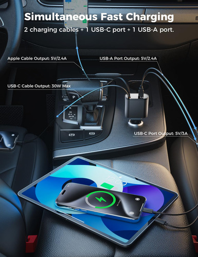 Cargador Retráctil 4 En 1 Para Automóvil Carga Rápida Usb C