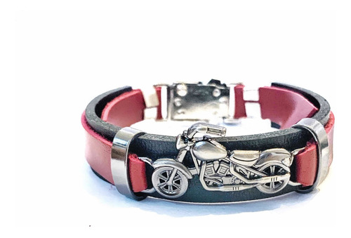 Pulseira Couro Vermelha/preto Moto Rock