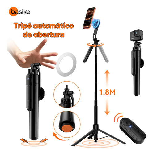 Basike Tripé Magnético Portátil 1.8m, tripé Celular profissional Rotação 360° + Inclinação de 270° com Controle Remoto Bluetooth Recarregável,suporte de selfie Para Celular GoPro Câmera e iphone