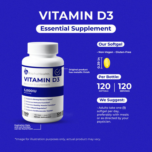 Rapha Health Vitamina D3 5000 Ui Alta Potencia 120 Cápsulas