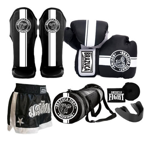 Kit Muay Thai Luva Caneleira Shorts Bolsa Bandagem Feminino 