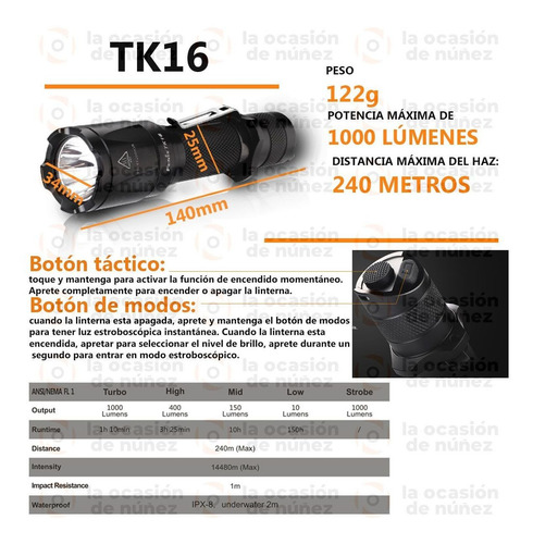 Imagen 2 de 10 de Linterna Fenix Led Tk16 1000 Lumenes 240m 5 Modos