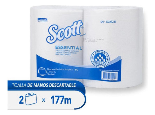 Toalla Manos Rollo Scott Essential 1 Hoja - 177mts X 2uds Color Blanco Toalla Scott