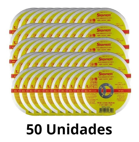 Disco De Corte 4.1/2pol 115mm Starrett Dac115-14 50 Unidades Cor Amarelo