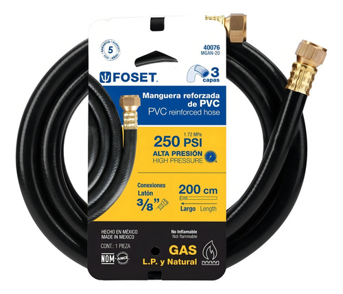 Manguera Flexible, Pvc, 3/8',con Conexion, 2m, Foset 40076 Color Negro