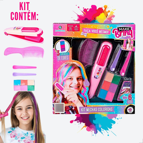 Mechas Coloridas Kit Menina Pinte Cabelo Make Infantil Linda