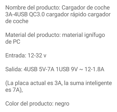 Imagen 3 de 4 de Cargador Rápido 3 A De Auto / Max 7 A / 4 Puertos Usb / 30 W