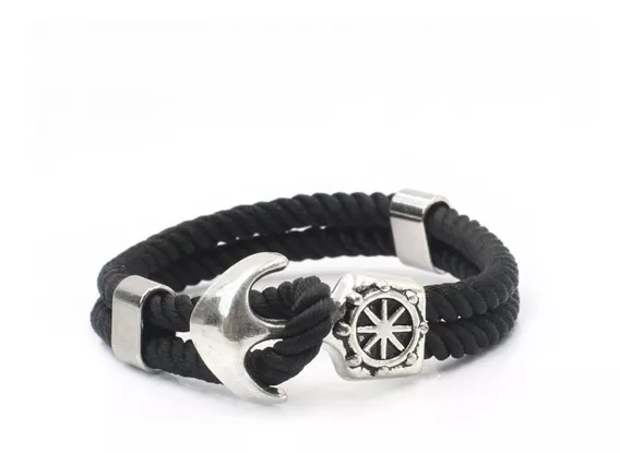 Pulsera Brazalete Cierre Náutico Dije Ancla Timon Negro