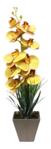 Arranjo Artificial Orquídea Amarela 58cm Silicone Vas Rustic