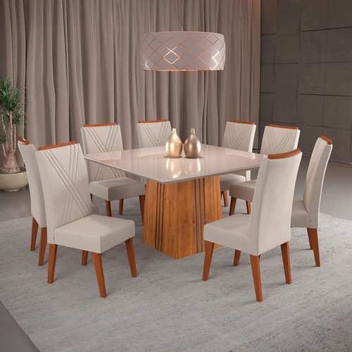 Mesa De Jantar 8 Lugares Daniela Com Vidro Mel/marfim/off Pés Bege